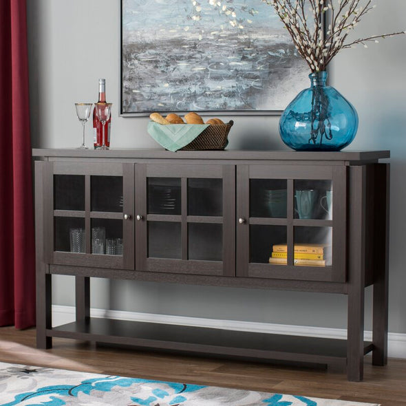 Dark Walnut 59'' Wide Buffet Table Open Lower Shelf Lets You Set Out Decorative Accents Let You Keep Serve Ware