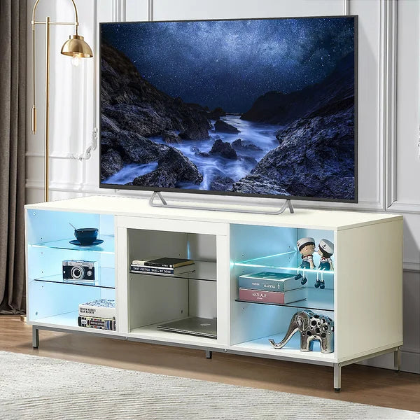White Gattis TV Stand for TVs up to 70" with Built-in Lighting Adjustable Shelves