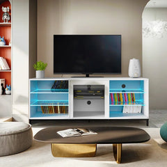 White Gattis TV Stand for TVs up to 70" with Built-in Lighting Adjustable Shelves