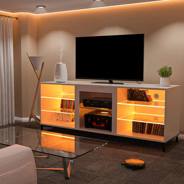White Gattis TV Stand for TVs up to 70" with Built-in Lighting Adjustable Shelves