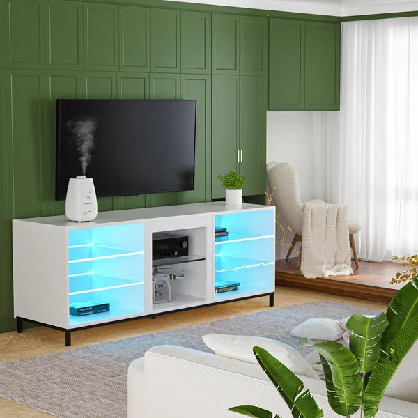 White Gattis TV Stand for TVs up to 70" with Built-in Lighting Adjustable Shelves
