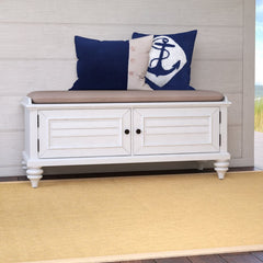 Brushed White Solid Wood Storage Bench Two Louvered Doors with Brass Knobs Open to Reveal a Spot to Stash Spare Blankets, Board Games