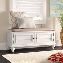 Brushed White Solid Wood Storage Bench Two Louvered Doors with Brass Knobs Open to Reveal a Spot to Stash Spare Blankets, Board Games