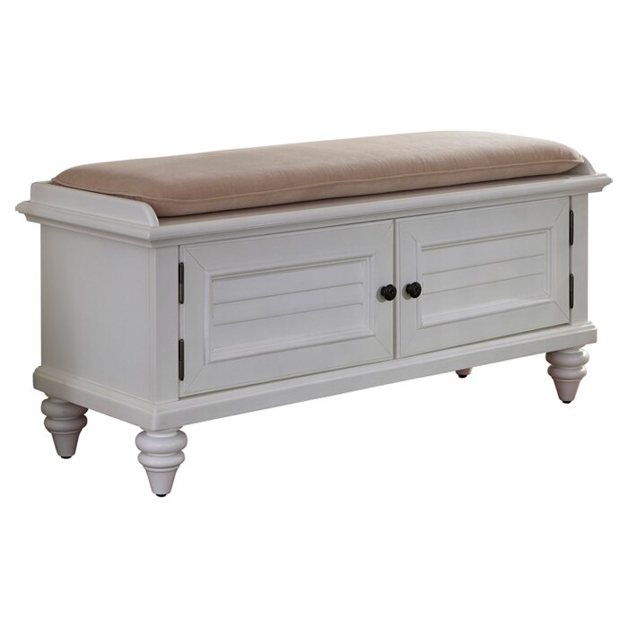 Brushed White Solid Wood Storage Bench Two Louvered Doors with Brass Knobs Open to Reveal a Spot to Stash Spare Blankets, Board Games