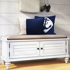 Brushed White Solid Wood Storage Bench Two Louvered Doors with Brass Knobs Open to Reveal a Spot to Stash Spare Blankets, Board Games