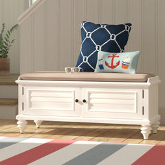 Brushed White Solid Wood Storage Bench Two Louvered Doors with Brass Knobs Open to Reveal a Spot to Stash Spare Blankets, Board Games