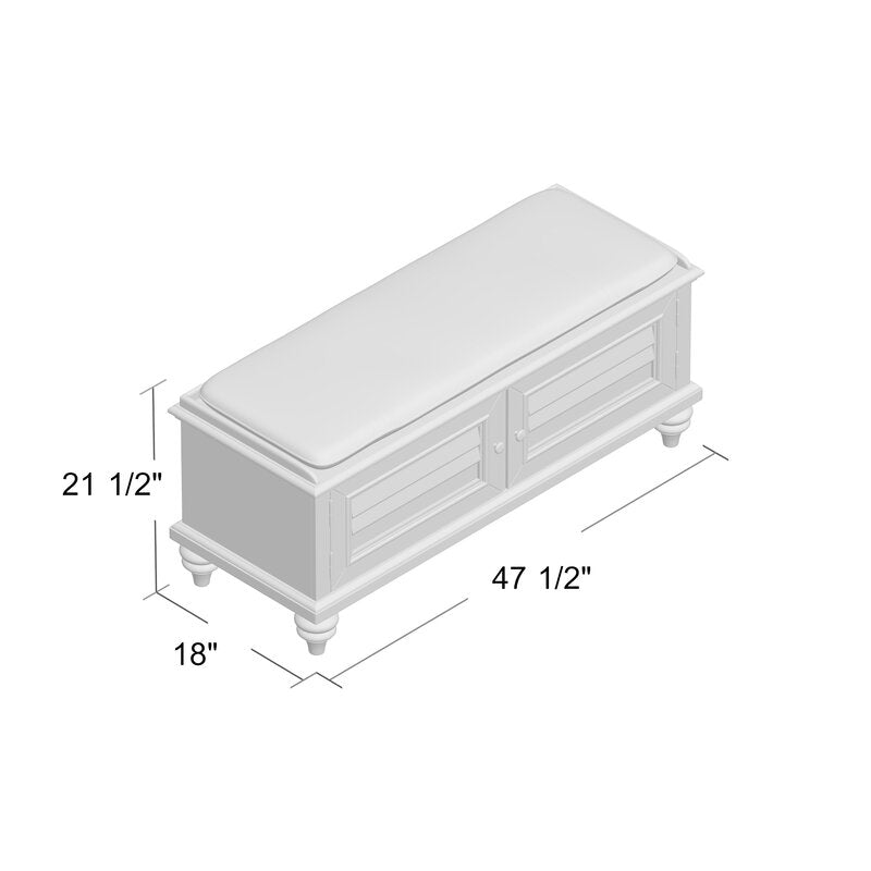 Brushed White Solid Wood Storage Bench Two Louvered Doors with Brass Knobs Open to Reveal a Spot to Stash Spare Blankets, Board Games