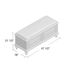 Brushed White Solid Wood Storage Bench Two Louvered Doors with Brass Knobs Open to Reveal a Spot to Stash Spare Blankets, Board Games