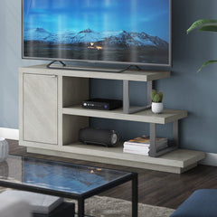 Beige TV Stand for TVs up to 50" Open Shelving At One End Creates Room to Showcase Decorative Accents or Display