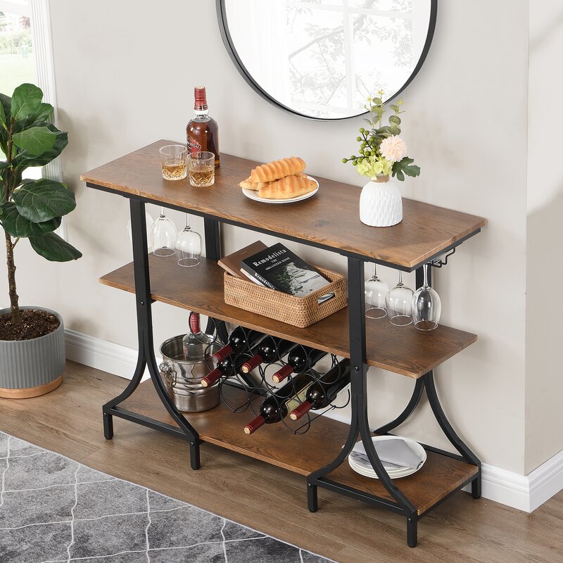 12 Bottle Floor Wine Bottle & Glass Rack in Black/Brown 2 Rows of Stemware Holders