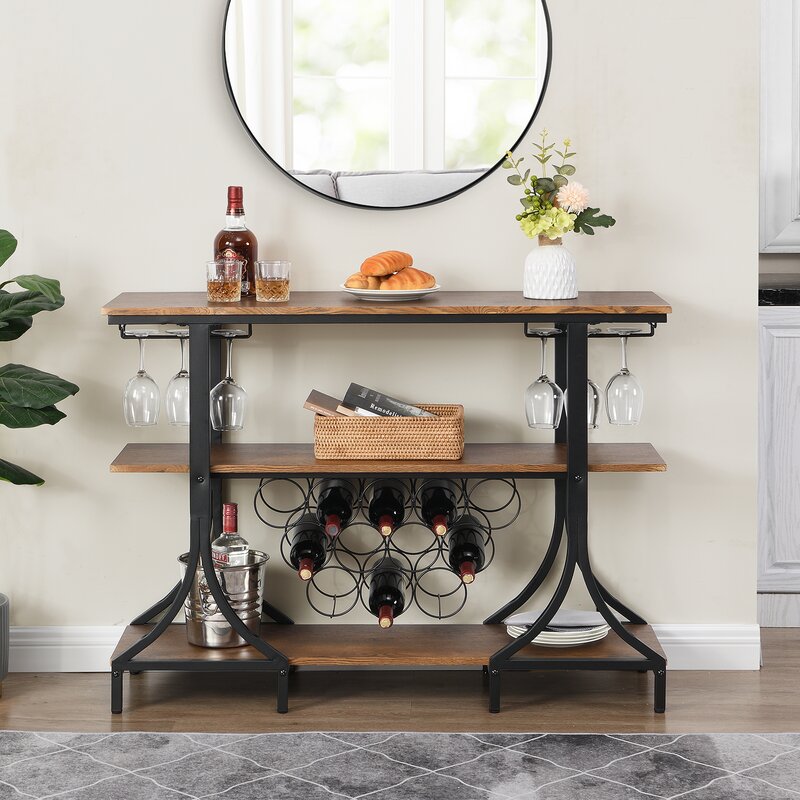 12 Bottle Floor Wine Bottle & Glass Rack in Black/Brown 2 Rows of Stemware Holders