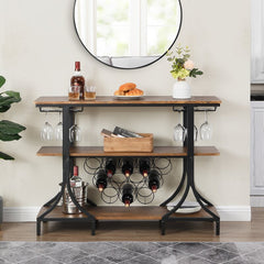 12 Bottle Floor Wine Bottle & Glass Rack in Black/Brown 2 Rows of Stemware Holders