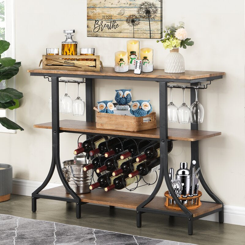 12 Bottle Floor Wine Bottle & Glass Rack in Black/Brown 2 Rows of Stemware Holders