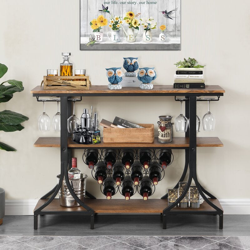 12 Bottle Floor Wine Bottle & Glass Rack in Black/Brown 2 Rows of Stemware Holders