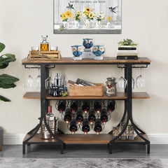 12 Bottle Floor Wine Bottle & Glass Rack in Black/Brown 2 Rows of Stemware Holders