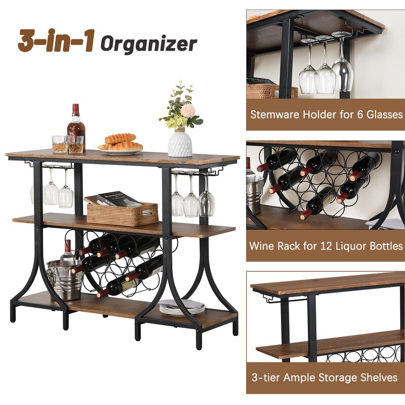 12 Bottle Floor Wine Bottle & Glass Rack in Black/Brown 2 Rows of Stemware Holders