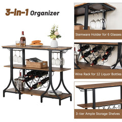 12 Bottle Floor Wine Bottle & Glass Rack in Black/Brown 2 Rows of Stemware Holders
