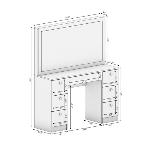 46.33'' Wide 7 Drawers To Storage Vanity with Mirror Solid Manufactured Wood