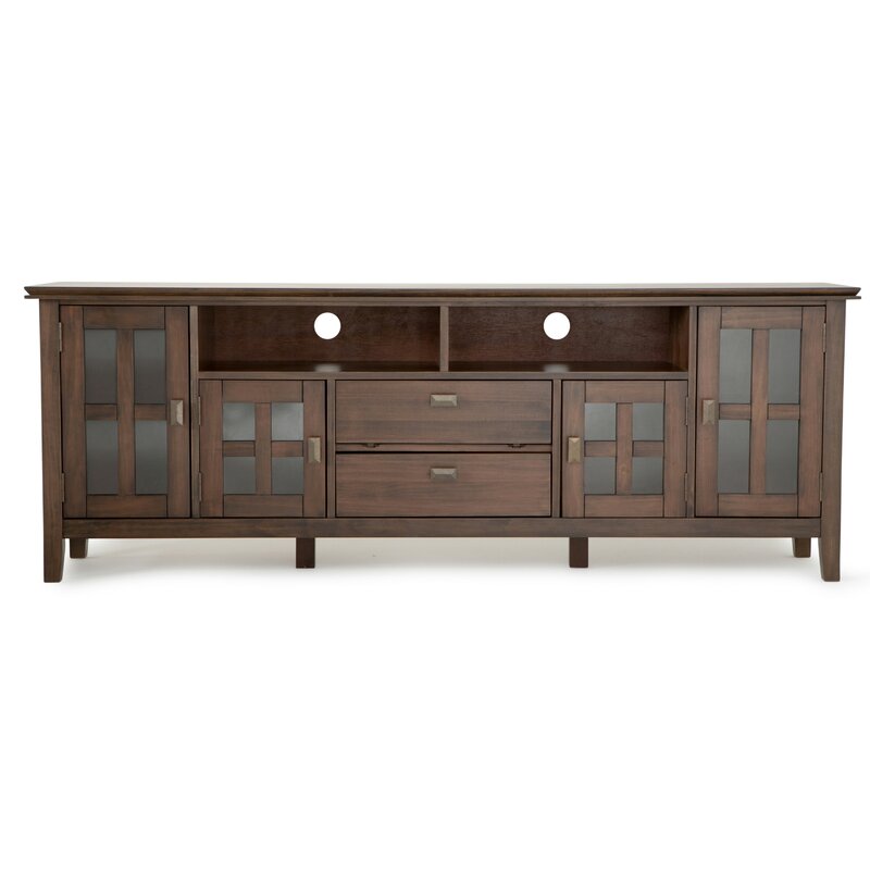 Natural Aged Brown Solid Wood TV Stand for TVs up to 78" Open the Doors to find Space for DVDs and CDs