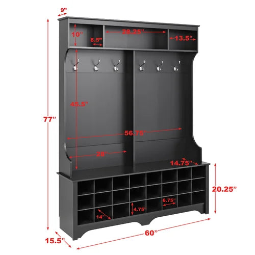 Black Gracie 60'' Wide Hall Tree with Bench Six Strong Double Coat Hooks