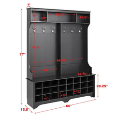 Black Gracie 60'' Wide Hall Tree with Bench Six Strong Double Coat Hooks