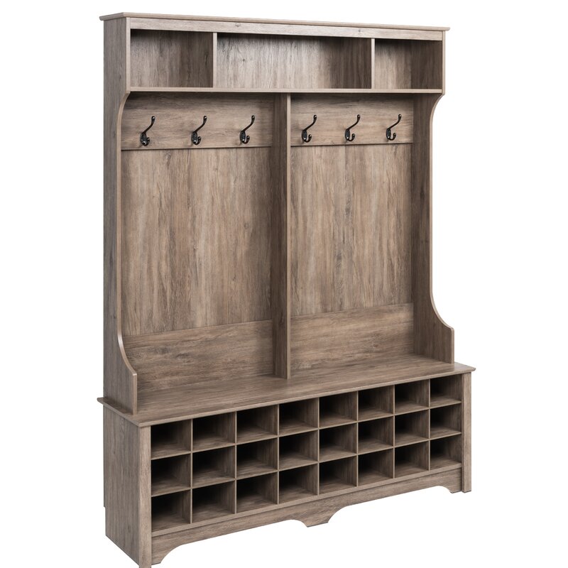 Drifted Gray 60'' Wide Hall Tree with Bench Organize and Style your Entryway Six-Strong Double Coat Hooks