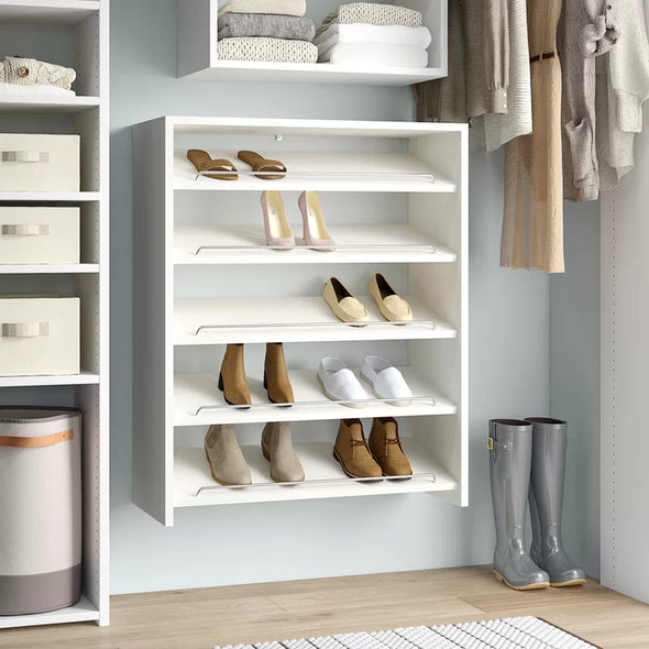 Wall-Mounted or Floor-Standing Grid 15 Pair Shoe Rack Five Slanted Shelves Adjustable-Height Shelves