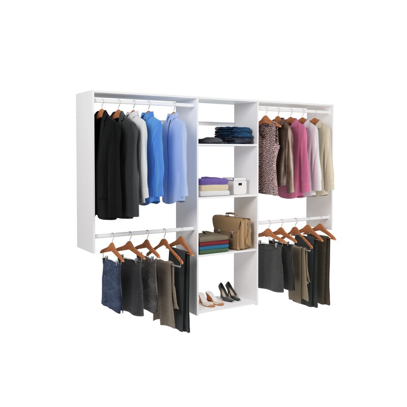 48" W - 96" W Closet System Starter Kit Four Rods Let you Hang your Wardrobe, Five Shelve