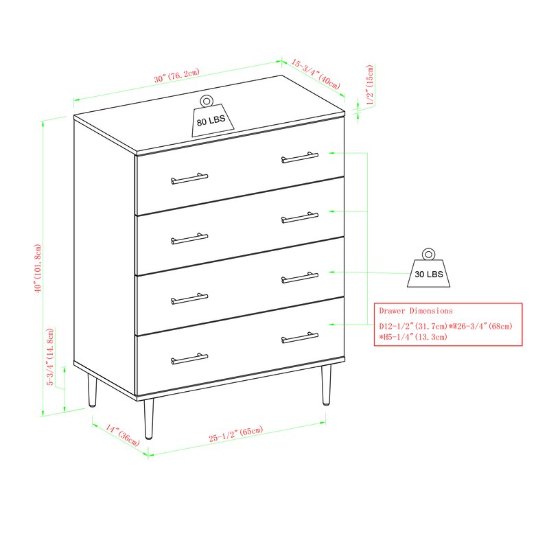 4 Drawer 30'' W Chest Mid Century and Industrial Elements