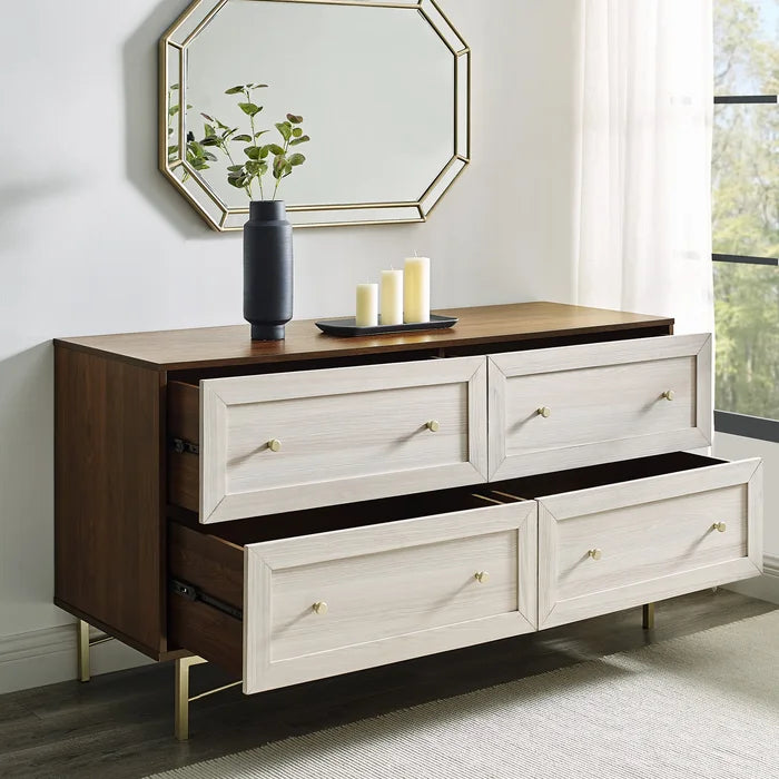 Dark Walnut White Grimmett 4 Drawer 56'' W Double Dresser Features Wood Grain