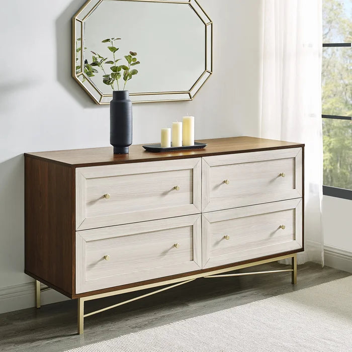 Dark Walnut White Grimmett 4 Drawer 56'' W Double Dresser Features Wood Grain