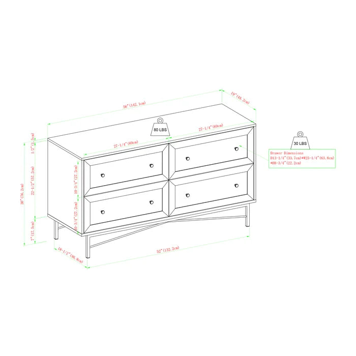 Dark Walnut Grimmett 4 Drawer 56'' W Double Dresser Offer Plenty Storage Space