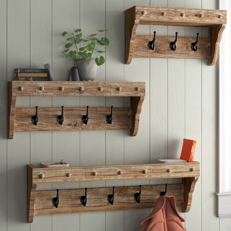 Solid Wood 12 - Hook Wall Mounted Coat Rack with Storage