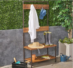 Outdoor Industrial Acacia Wood Bench with Shelf and Coat Hooks - Teak
