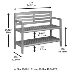 Espresso Solid Wood Shelves Storage Bench Contoured Edges Provide Added Support