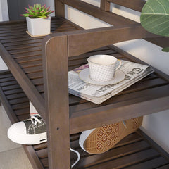 Espresso Solid Wood Shelves Storage Bench Contoured Edges Provide Added Support