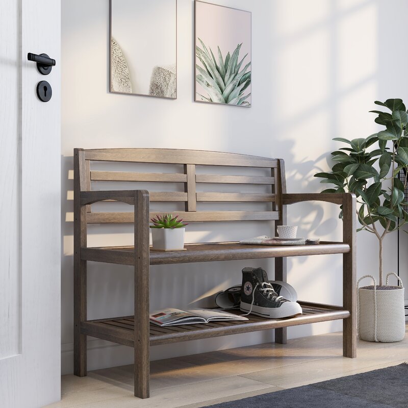 Antique Chestnut Solid Wood Shelves Storage Bench Provide Added Support and the Open-Access Storage Shelf Below is Perfect for Shoes, Boots, and Bags