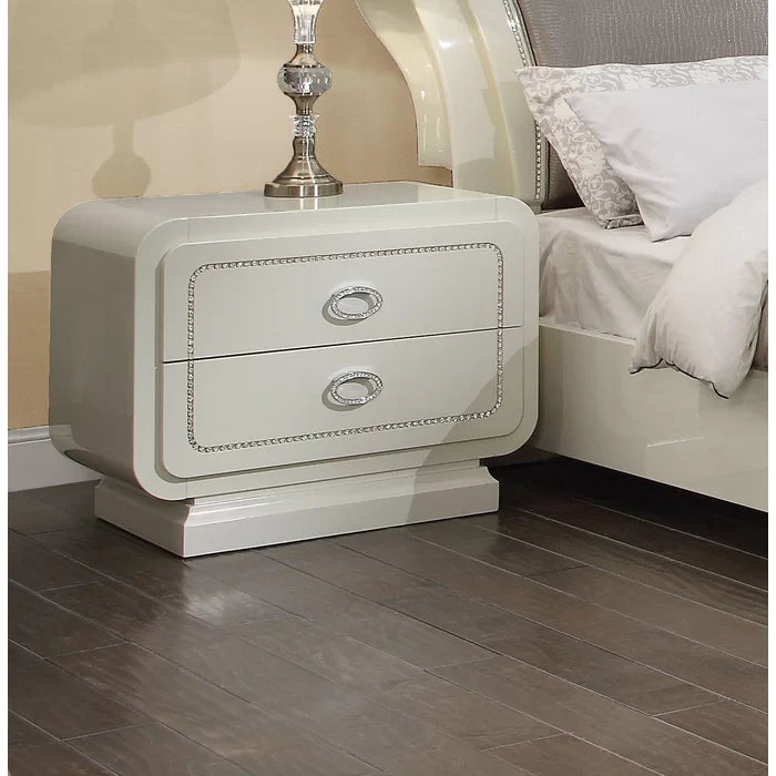 Hassan 24'' Tall 2 - Drawer Nightstand in Ivory High Gloss Contemporary Style