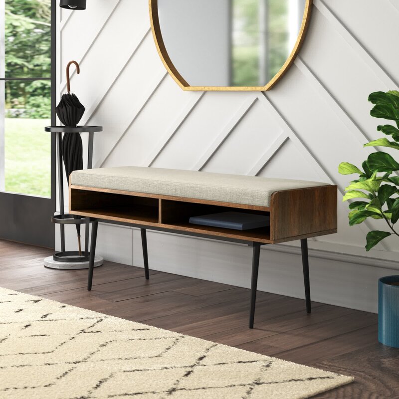 Dark Walnut 44" Modern Bench With Front Storage And Cushion Two Horizontal Open Cubbies Are An Accessible Spot