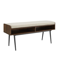 Dark Walnut 44" Modern Bench With Front Storage And Cushion Two Horizontal Open Cubbies Are An Accessible Spot