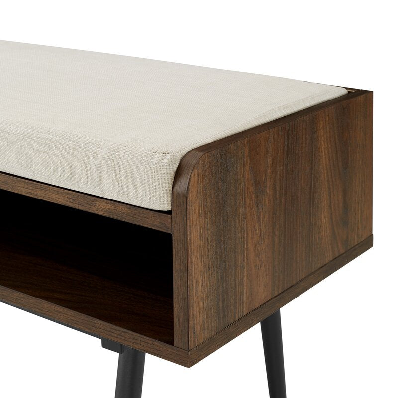 Dark Walnut 44" Modern Bench With Front Storage And Cushion Two Horizontal Open Cubbies Are An Accessible Spot