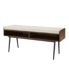 Dark Walnut 44" Modern Bench With Front Storage And Cushion Two Horizontal Open Cubbies Are An Accessible Spot
