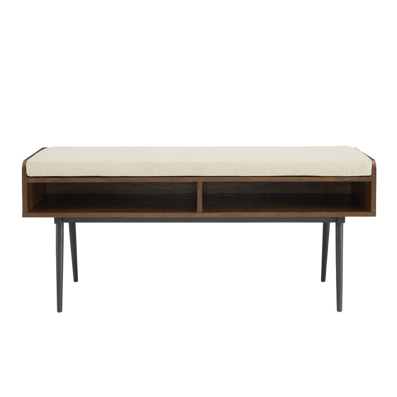 Dark Walnut 44" Modern Bench With Front Storage And Cushion Two Horizontal Open Cubbies Are An Accessible Spot