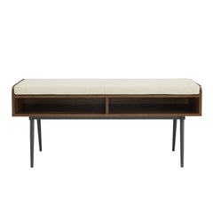 Dark Walnut 44" Modern Bench With Front Storage And Cushion Two Horizontal Open Cubbies Are An Accessible Spot