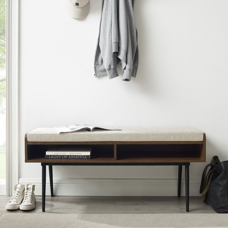 Dark Walnut 44" Modern Bench With Front Storage And Cushion Two Horizontal Open Cubbies Are An Accessible Spot