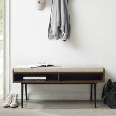 Dark Walnut 44" Modern Bench With Front Storage And Cushion Two Horizontal Open Cubbies Are An Accessible Spot