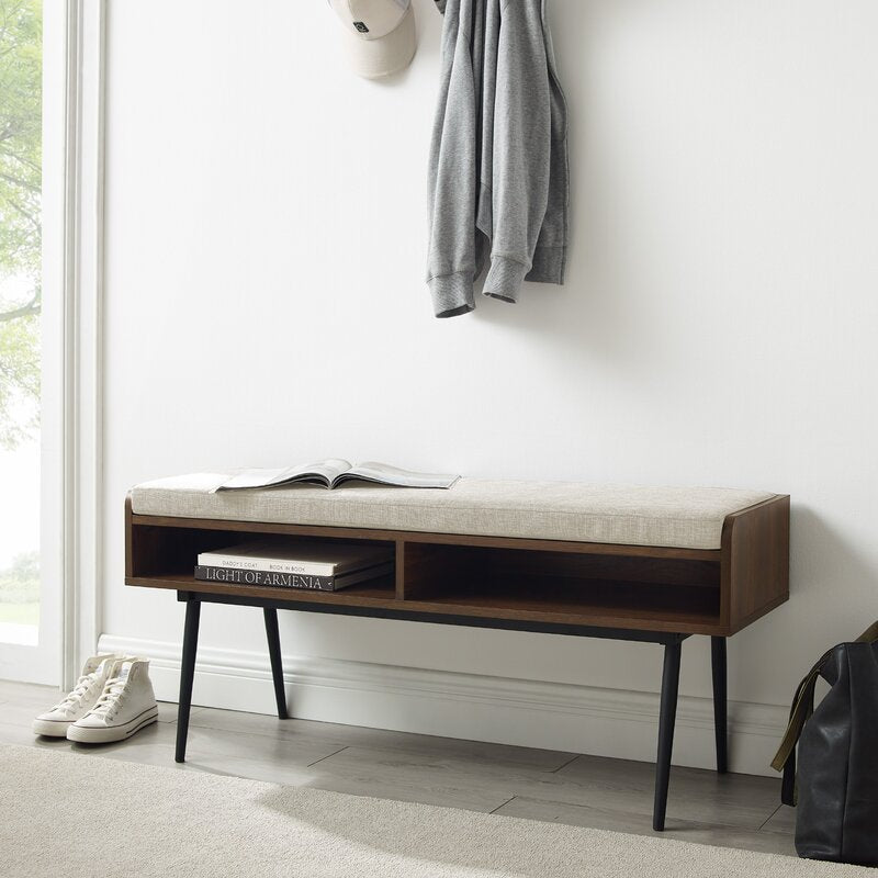 Dark Walnut 44" Modern Bench With Front Storage And Cushion Two Horizontal Open Cubbies Are An Accessible Spot