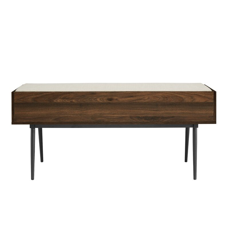 Dark Walnut 44" Modern Bench With Front Storage And Cushion Two Horizontal Open Cubbies Are An Accessible Spot