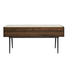 Dark Walnut 44" Modern Bench With Front Storage And Cushion Two Horizontal Open Cubbies Are An Accessible Spot