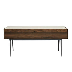 Dark Walnut 44" Modern Bench With Front Storage And Cushion Two Horizontal Open Cubbies Are An Accessible Spot to Keep Hats, Gloves, and Outdoor Gear